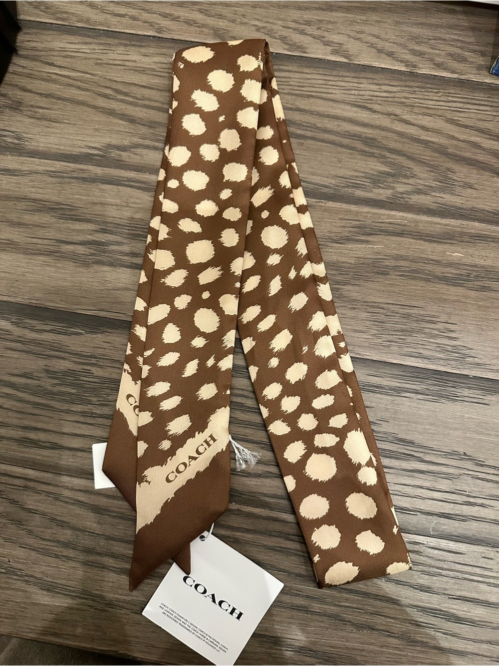 NWT Coach Wild Spots Print Silk Skinny Scarf CEH57 Tan